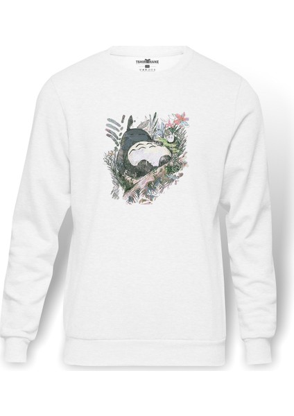 Komşum My Neighbor Totoro Baskılı Beyaz Erkek Örme Sweatshirt Uzun Kol