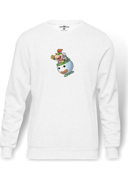 Mario Luigi Bowsers Inside Story Bowser Baskılı Beyaz Erkek Örme Sweatshirt Uzun Kol