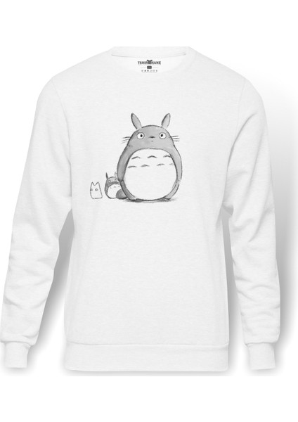 Komşum My Neighbor Totoro Baskılı Beyaz Erkek Örme Sweatshirt Uzun Kol