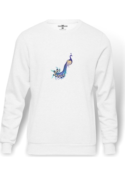 Mavi Tavus Kuşu Asya Tavus Kuşu Baskılı Beyaz Erkek Örme Sweatshirt Uzun Kol