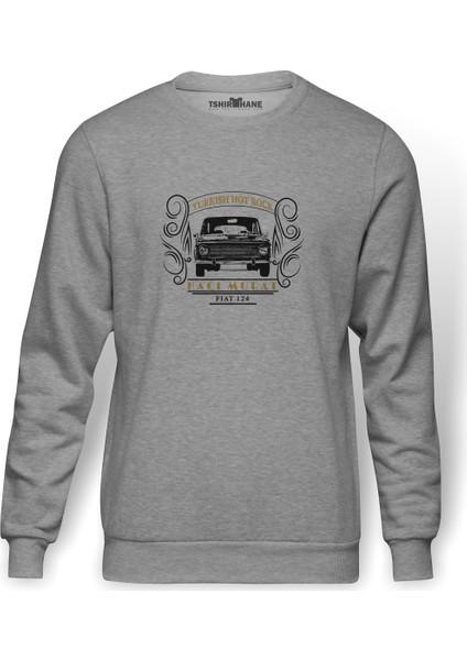 Turkish Hotrock Murat 124 Baskılı Gri Erkek Örme Sweatshirt Uzun Kol