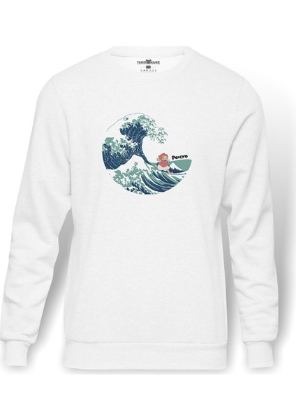 Küçük Deniz Kızı Ponyo Gake No Ue No Ponyo Baskılı Beyaz Erkek Örme Sweatshirt Uzun Kol