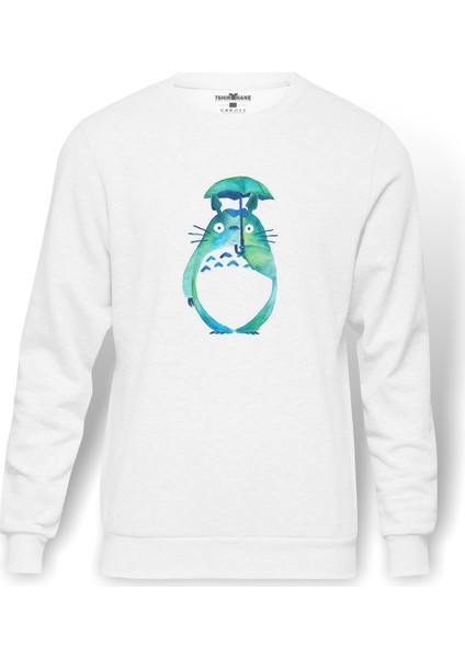 My Neighbor Komşum Totoro Baskılı Beyaz Erkek Örme Sweatshirt Uzun Kol