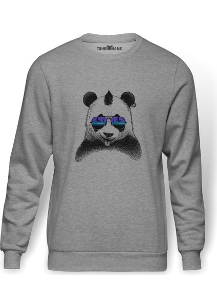 Panda Baskılı Gri Erkek Örme Sweatshirt Uzun Kol