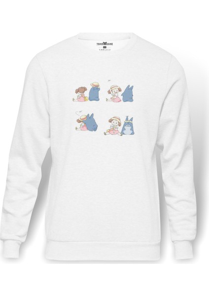 My Neighbor Komşum Totoro Baskılı Beyaz Erkek Örme Sweatshirt Uzun Kol
