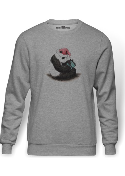 Panda Baskılı Gri Erkek Örme Sweatshirt Uzun Kol