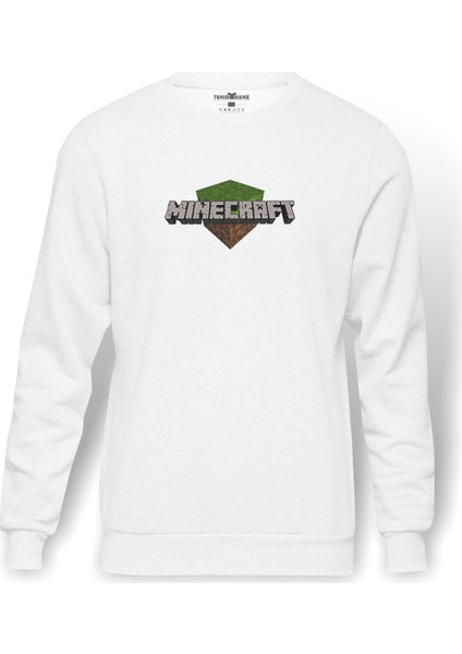 Mine Craft Baskılı Beyaz Erkek Örme Sweatshirt Uzun Kol