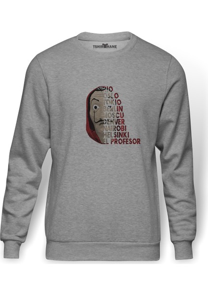 La Case De Papel Nombres De Baskılı Gri Erkek Örme Sweatshirt Uzun Kol