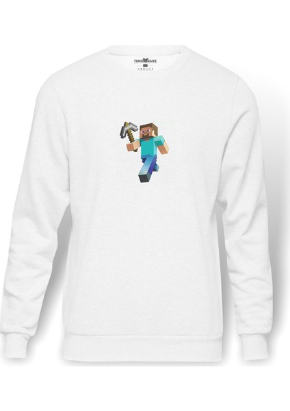 Minecraft Steve Baskılı Beyaz Erkek Örme Sweatshirt Uzun Kol
