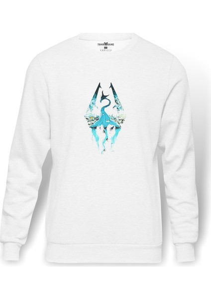 Minimalism Skyrim Background Metal Rock Music Baskılı Beyaz Erkek Örme Sweatshirt Uzun Kol