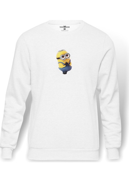 Minion Couple Clipart 3 Baskılı Beyaz Erkek Örme Sweatshirt Uzun Kol