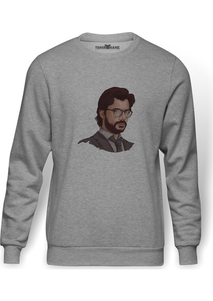 La Case De Papel Profesör Baskılı Gri Erkek Örme Sweatshirt Uzun Kol