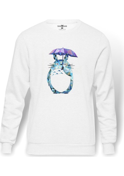 My Neighbor Komşum Totoro Baskılı Beyaz Erkek Örme Sweatshirt Uzun Kol