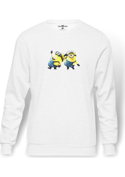 Minionhappy Minions Baskılı Beyaz Erkek Örme Sweatshirt Uzun Kol