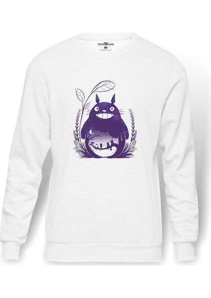 My Neighbor Komşum Totoro Baskılı Beyaz Erkek Örme Sweatshirt Uzun Kol