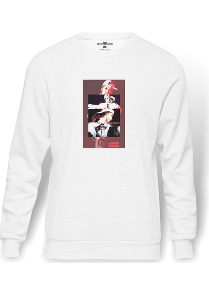 Moonbyul Baskılı Beyaz Erkek Örme Sweatshirt Uzun Kol