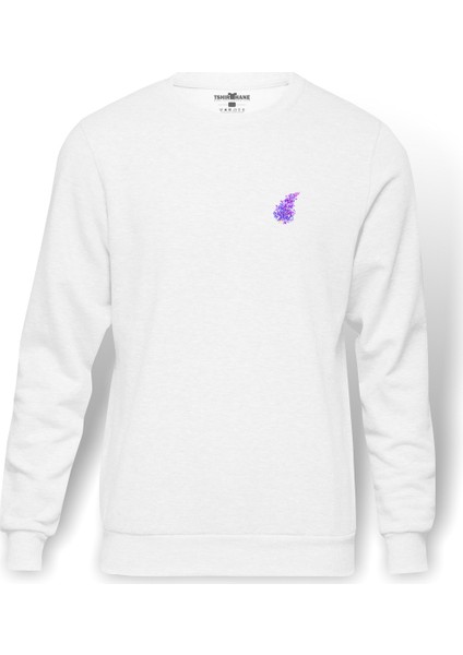Mor Çiçekler Illüstrasyon Leylak Suluboya Resim Baskılı Beyaz Erkek Örme Sweatshirt Uzun Kol
