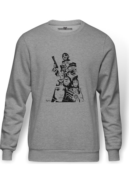 Leon & Mathilda The Professional Sevginin Baskılı Gri Erkek Örme Sweatshirt Uzun Kol