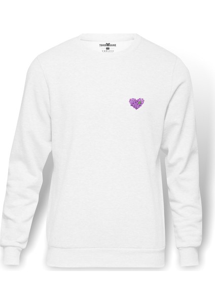Mor Leylak Çiçeği Illüstrasyon Leylak Mor Baskılı Beyaz Erkek Örme Sweatshirt Uzun Kol