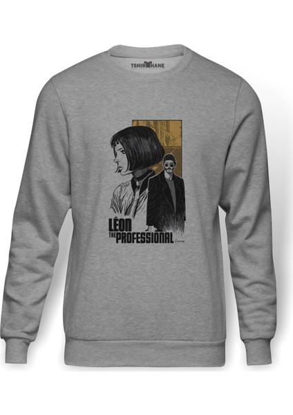 Leon & Mathilda The Professional Sevginin Baskılı Gri Erkek Örme Sweatshirt Uzun Kol