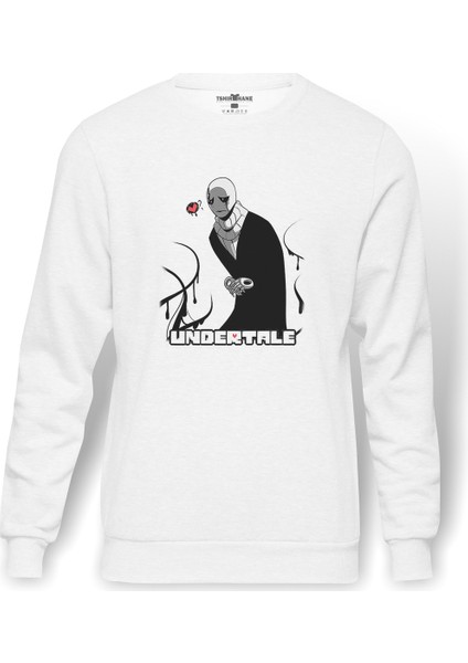 Undertale Skull Sans Os Baskılı Beyaz Erkek Örme Sweatshirt Uzun Kol