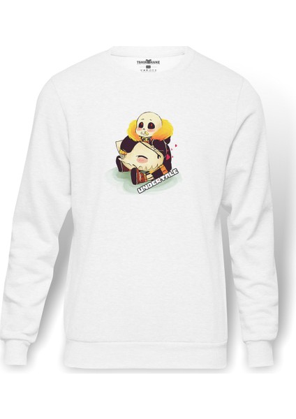 Undertale Sans Os Baskılı Beyaz Erkek Örme Sweatshirt Uzun Kol