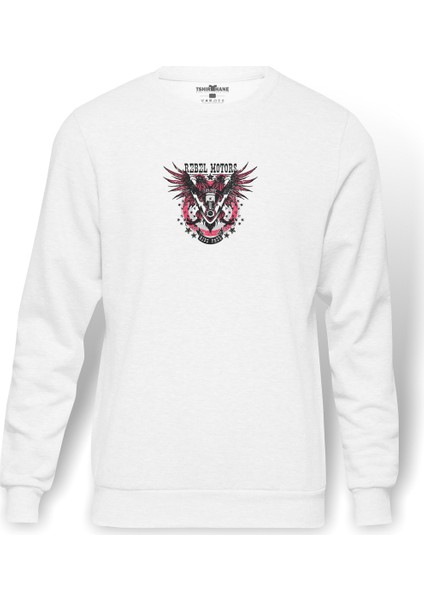 Motorcycle Background Bike Baskılı Beyaz Erkek Örme Sweatshirt Uzun Kol
