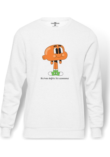 Gumball Biz Kısa Degiliz Siz Uzunsunuz Baskılı Beyaz Erkek Örme Sweatshirt Uzun Kol