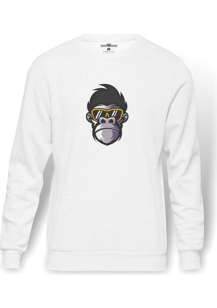Cool Monkey Baskılı Beyaz Erkek Örme Sweatshirt Uzun Kol
