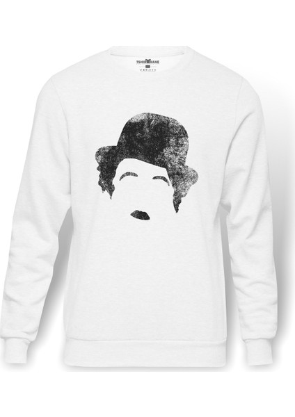 Charlie Chaplin Old Baskılı Beyaz Erkek Örme Sweatshirt Uzun Kol