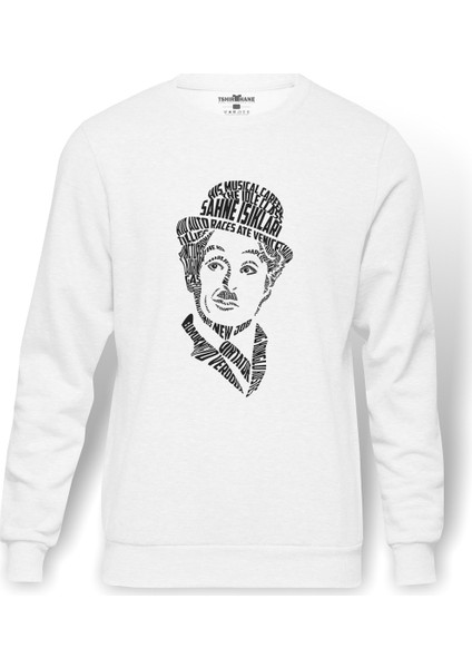 Charlie Chaplin Tipografi Baskılı Beyaz Erkek Örme Sweatshirt Uzun Kol