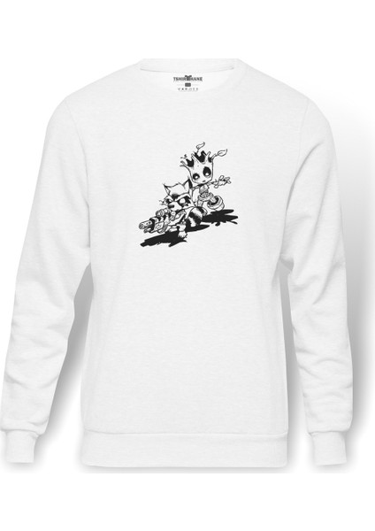 Come Back I Am Groot Baskılı Beyaz Erkek Örme Sweatshirt Uzun Kol