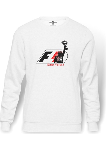 Senna Victory Baskılı Beyaz Erkek Örme Sweatshirt Uzun Kol