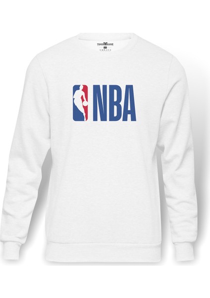 Nba Logoman Word Baskılı Beyaz Erkek Örme Sweatshirt Uzun Kol