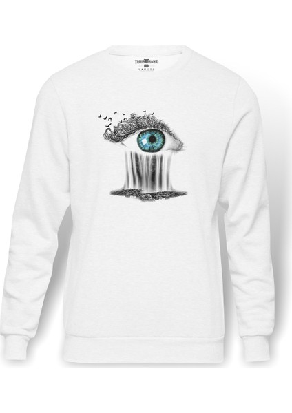 Mother Earth Save Mother Eyes Baskılı Beyaz Erkek Örme Sweatshirt Uzun Kol
