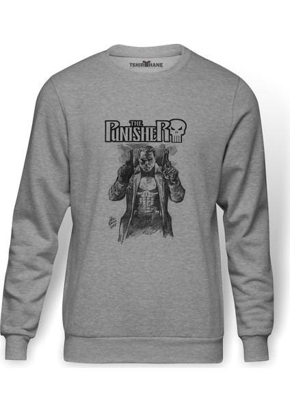 The Punisher Frank Castle Baskılı Gri Erkek Örme Sweatshirt Uzun Kol