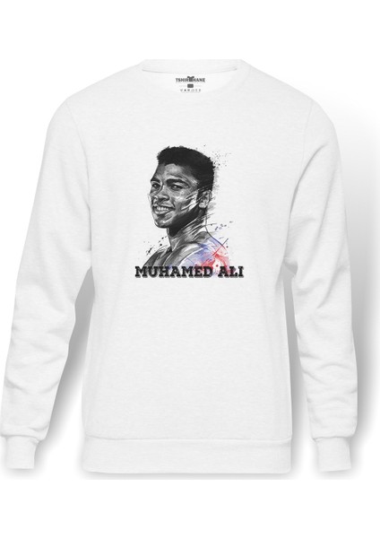 Muhammed Ali Brush Baskılı Beyaz Erkek Örme Sweatshirt Uzun Kol