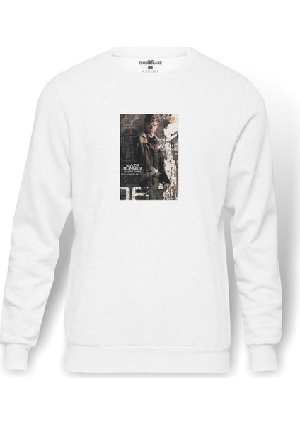 Newt Maze Runner Baskılı Beyaz Erkek Örme Sweatshirt Uzun Kol