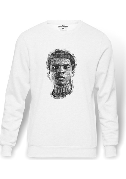 Muhammed Ali Illustrator Baskılı Beyaz Erkek Örme Sweatshirt Uzun Kol
