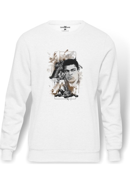 Muhammed Ali Knockout Baskılı Beyaz Erkek Örme Sweatshirt Uzun Kol