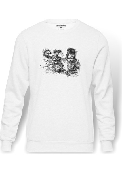 Muhammed Ali Punch Baskılı Beyaz Erkek Örme Sweatshirt Uzun Kol