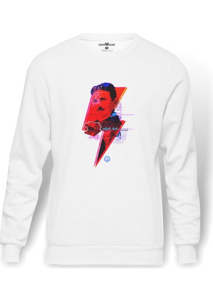 Nikola Tesla Art Ppcorn Baskılı Beyaz Erkek Örme Sweatshirt Uzun Kol