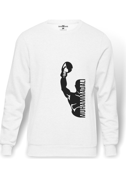 Muhammed Ali Yumruk Baskılı Beyaz Erkek Örme Sweatshirt Uzun Kol