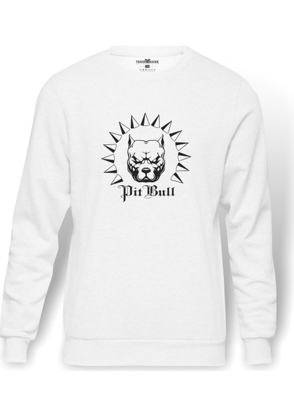 Pitbull Retro Baskılı Beyaz Erkek Örme Sweatshirt Uzun Kol