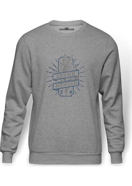 Shawn Mendes 1998 Baskılı Gri Erkek Örme Sweatshirt Uzun Kol
