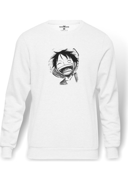 One Piece Zoro Baskılı Beyaz Erkek Örme Sweatshirt Uzun Kol