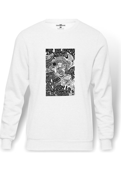 The Doors Lyric Lirik Baskılı Beyaz Erkek Örme Sweatshirt Uzun Kol