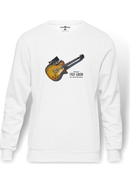 Original 1959 Les Paul Standard Baskılı Beyaz Erkek Örme Sweatshirt Uzun Kol