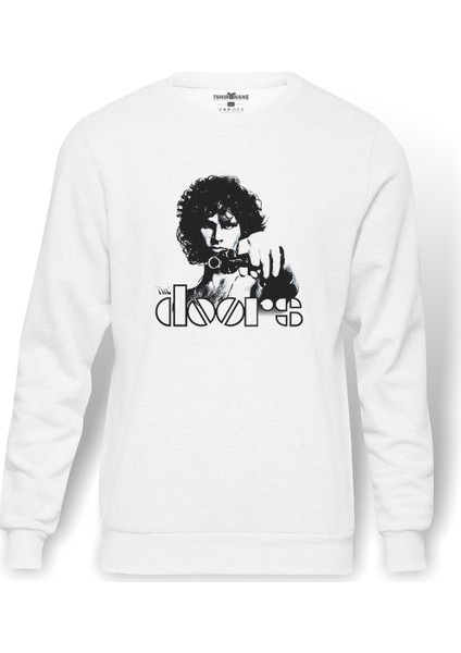 The Doors Solist Baskılı Beyaz Erkek Örme Sweatshirt Uzun Kol