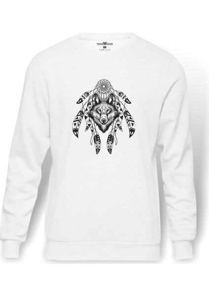 Dreamcatcher Wolf Logo Baskılı Beyaz Erkek Örme Sweatshirt Uzun Kol